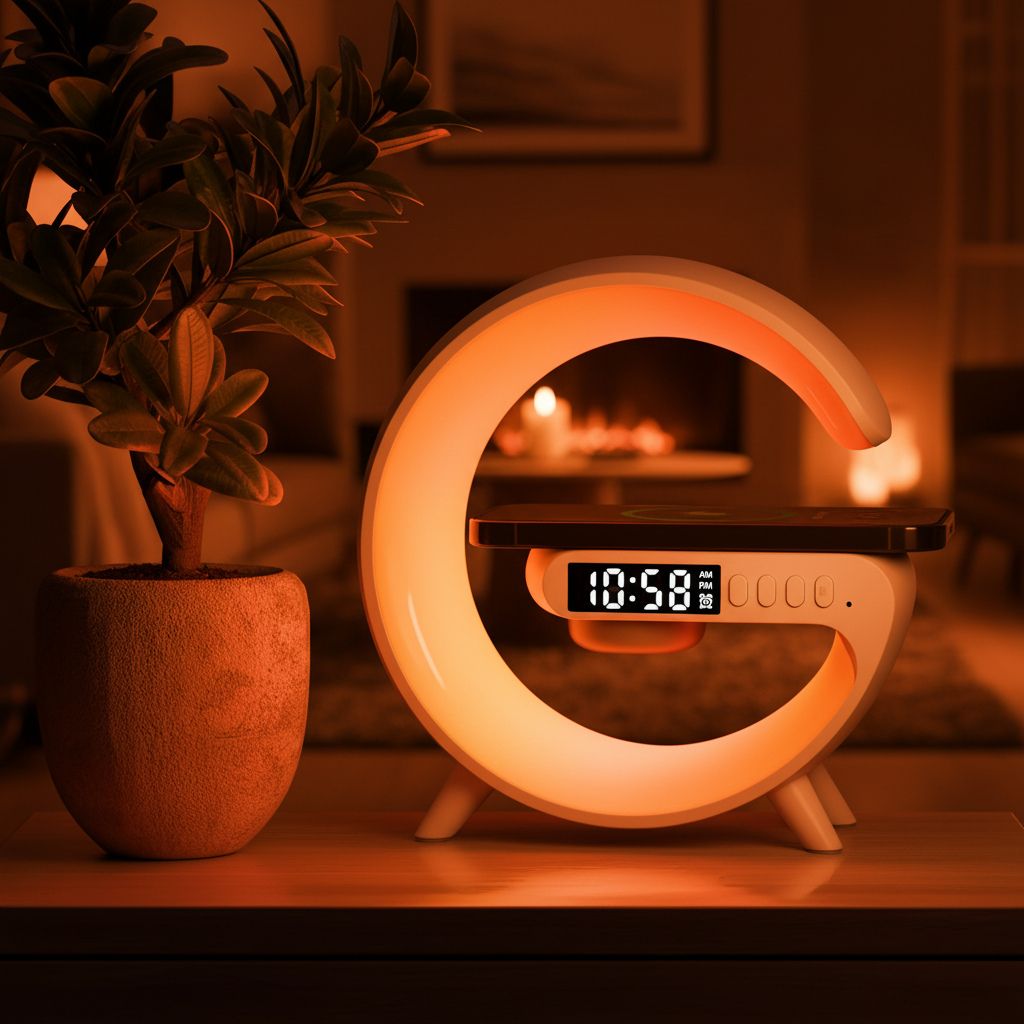 Cargador inalámbrico con luz RGB naranja y rojo en salón