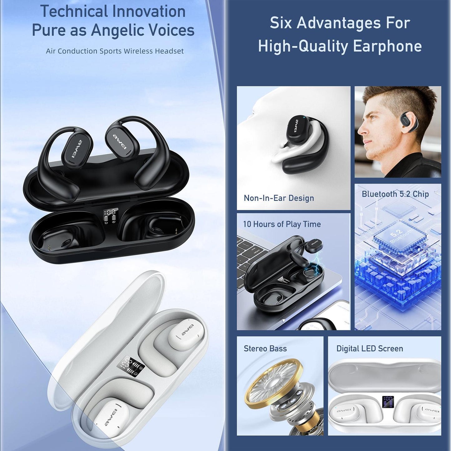 Auriculares Deportivos T69 Sport TWS Bluetooth 5.3 con Conducción de Aire