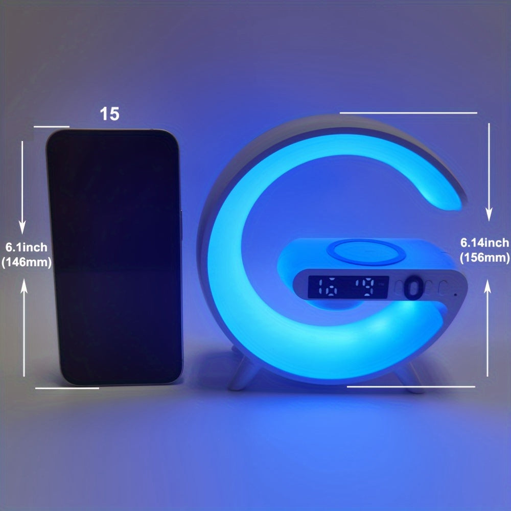 Cargador Inalámbrico con Altavoz Bluetooth, Reloj Despertador y Luz RGB
