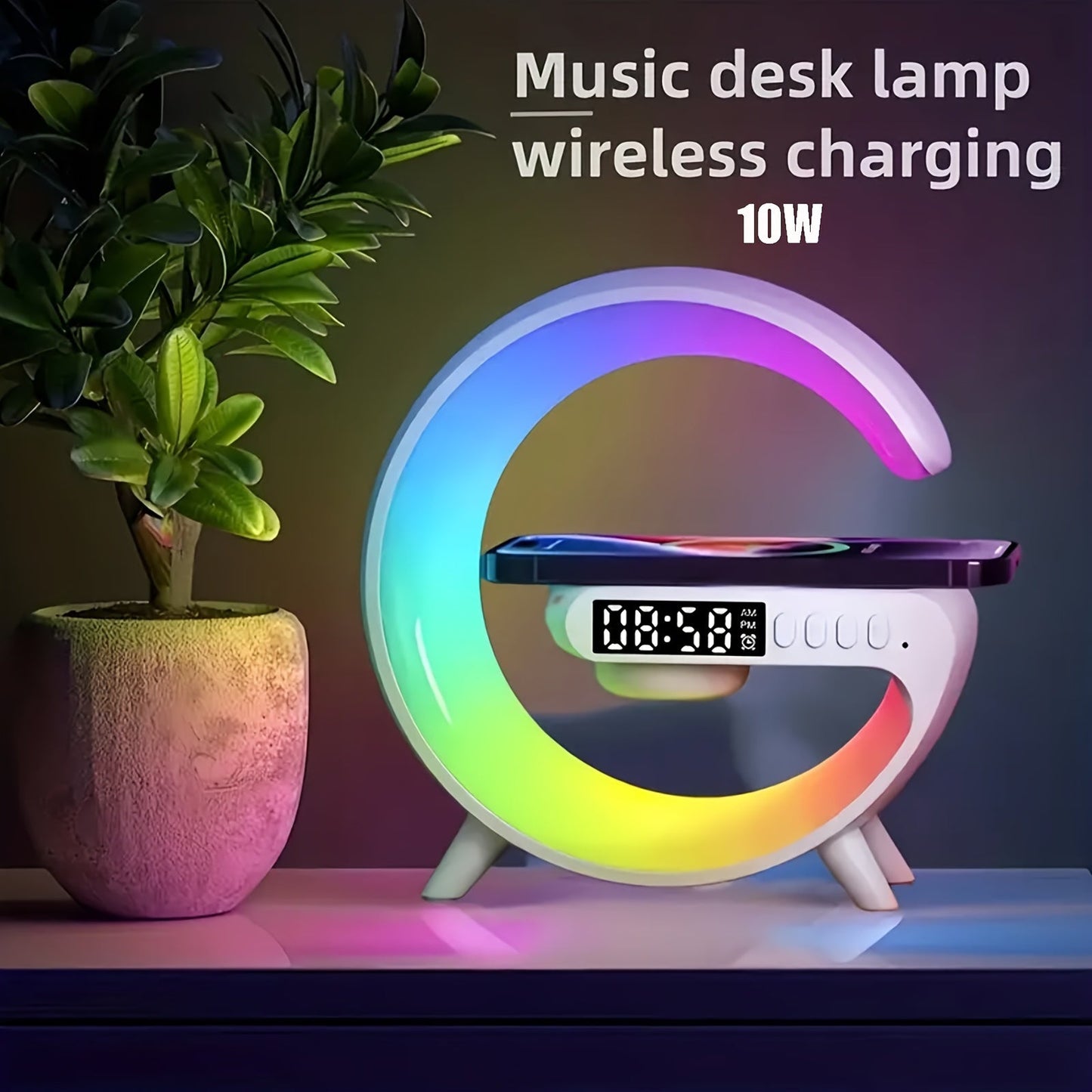 Cargador Inalámbrico con Altavoz Bluetooth, Reloj Despertador y Luz RGB