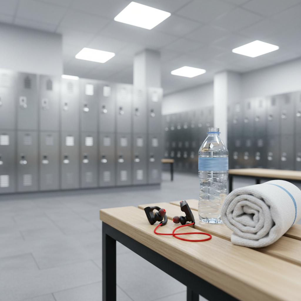 Auriculares K98 Bluetooth en vestuario de gimnasio con toalla y botella