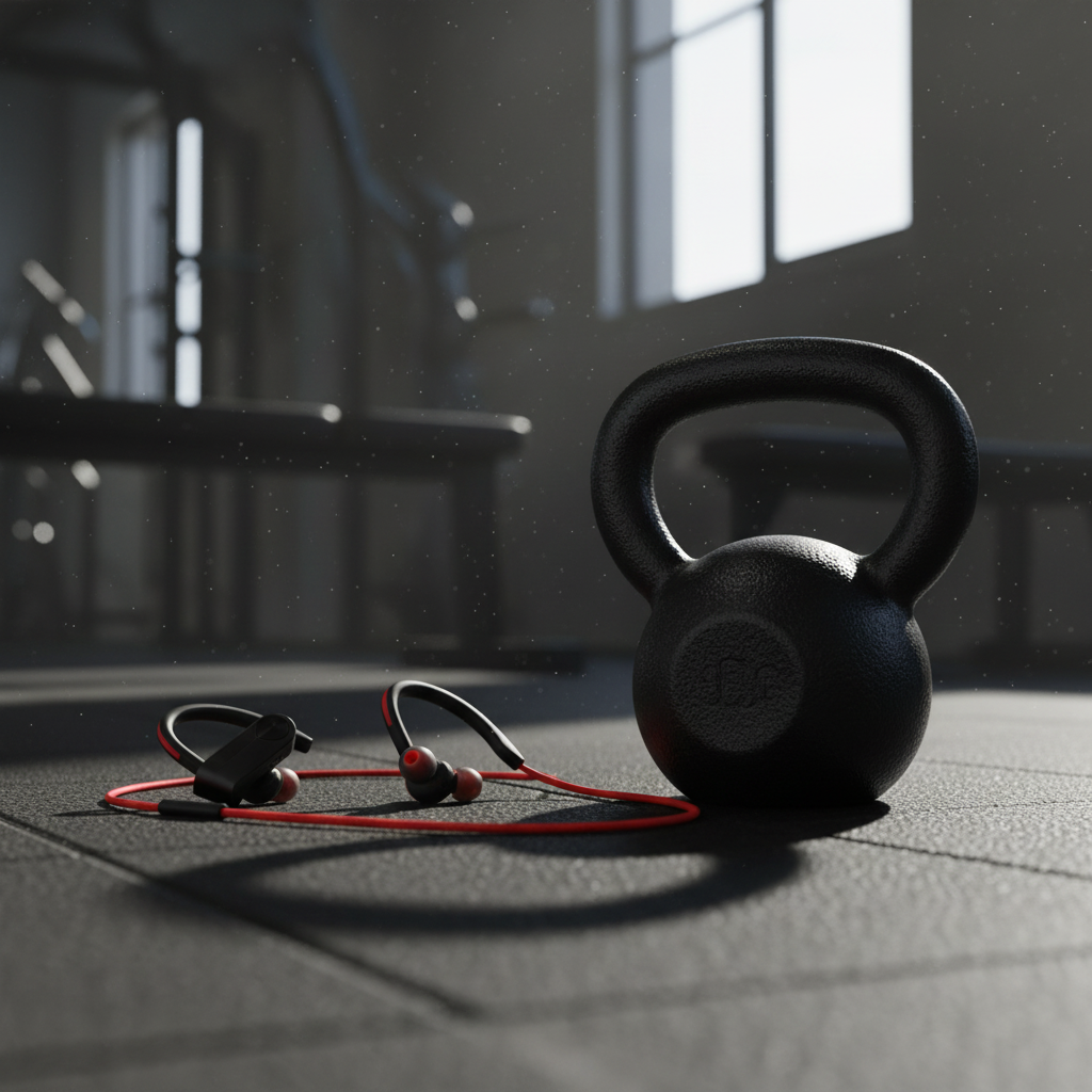 Auriculares K98 Bluetooth en suelo de gimnasio junto a kettlebell