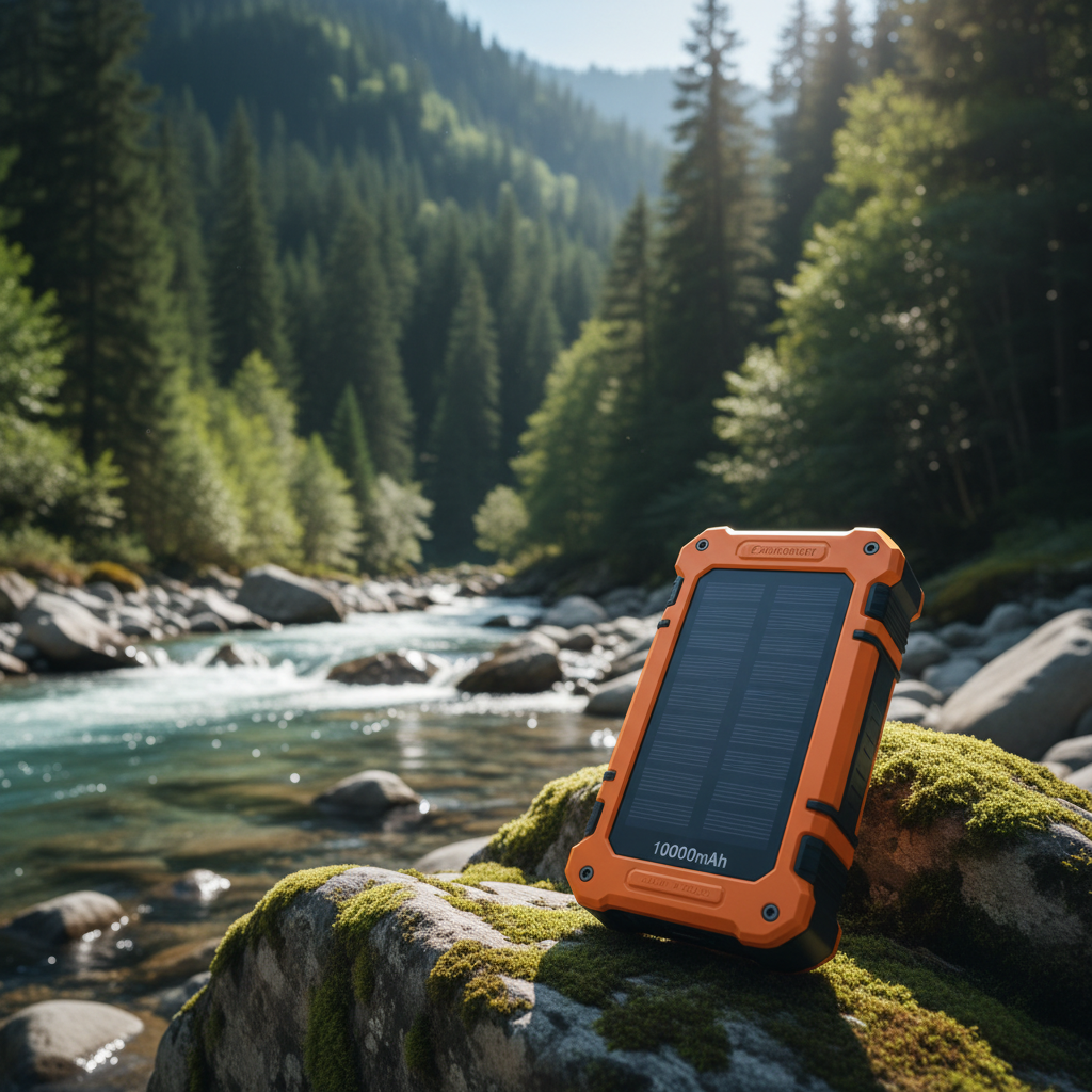 Power Bank Solar portátil sobre piedra junto a río de montaña