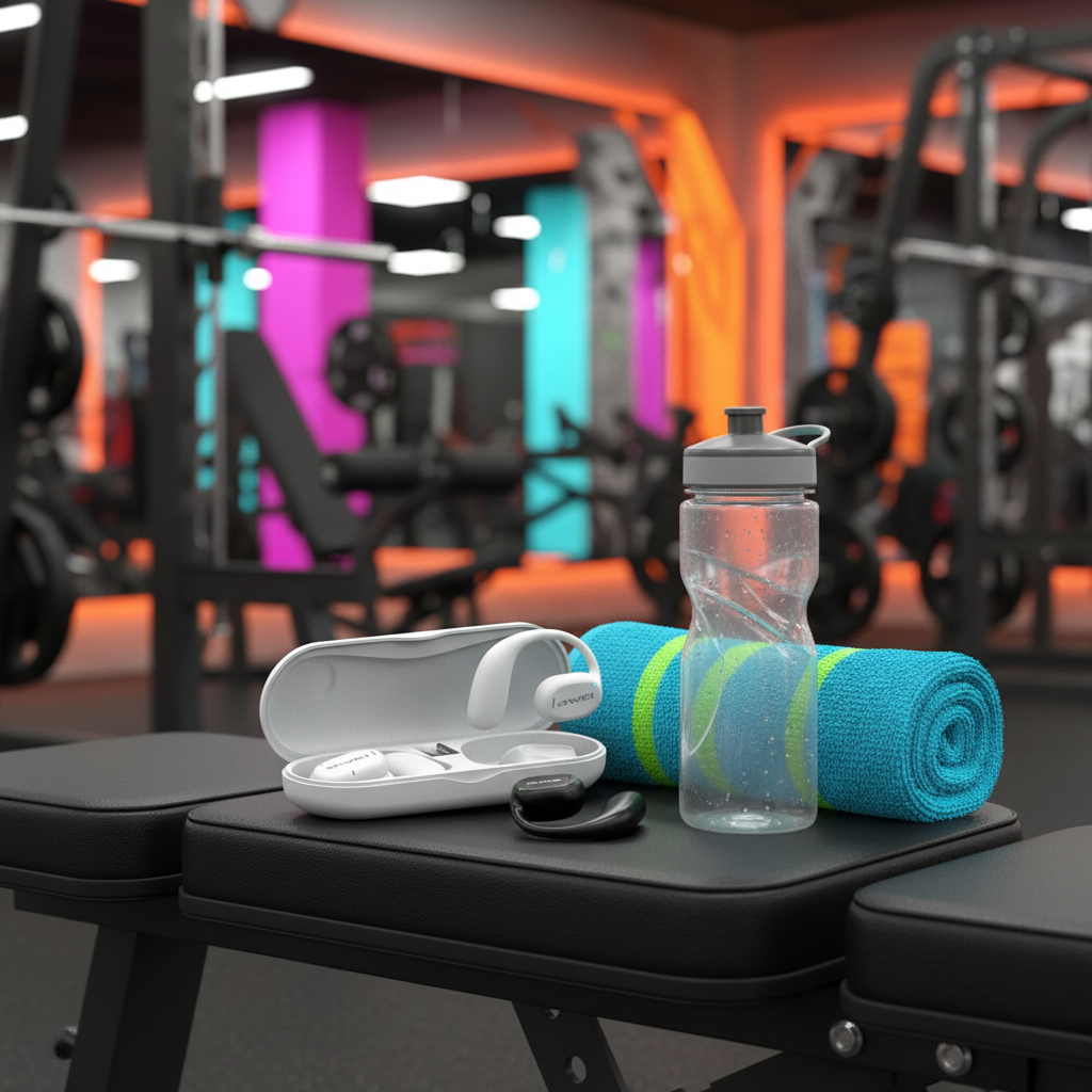 Auriculares T69 Sport TWS en gimnasio con toalla y botella