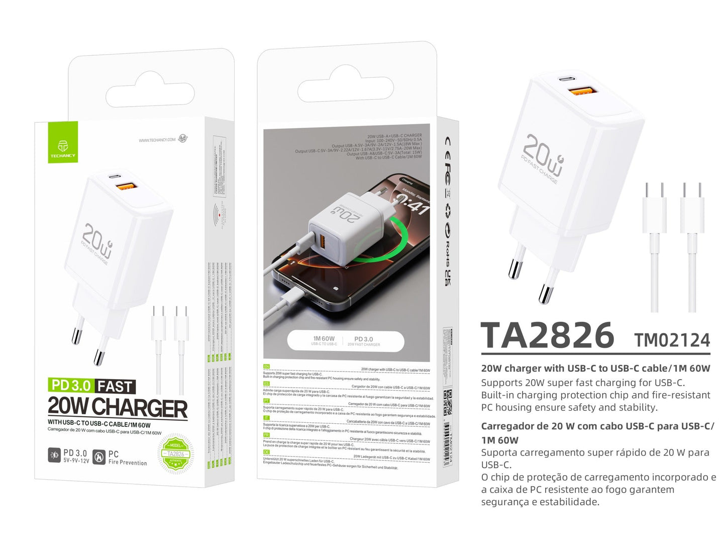 Cargador Rápido 20W USB-C + USB-A con Protocolo PD 3.0 y Cable incluido
