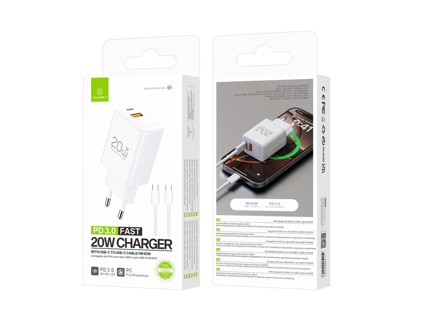 Cargador Rápido 20W USB-C + USB-A con Protocolo PD 3.0 y Cable incluido