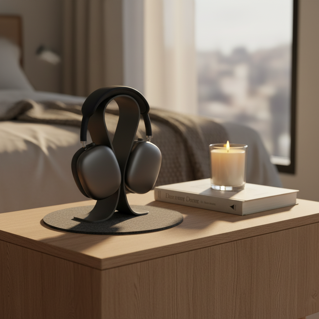 Soporte de cuero para AirPods Max en mesita de noche acogedora