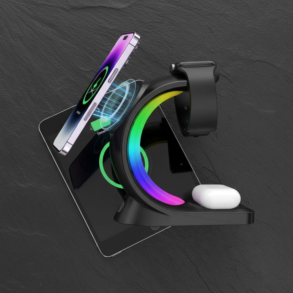 Cargador magnético 4 en 1 flat lay con 4 dispositivos