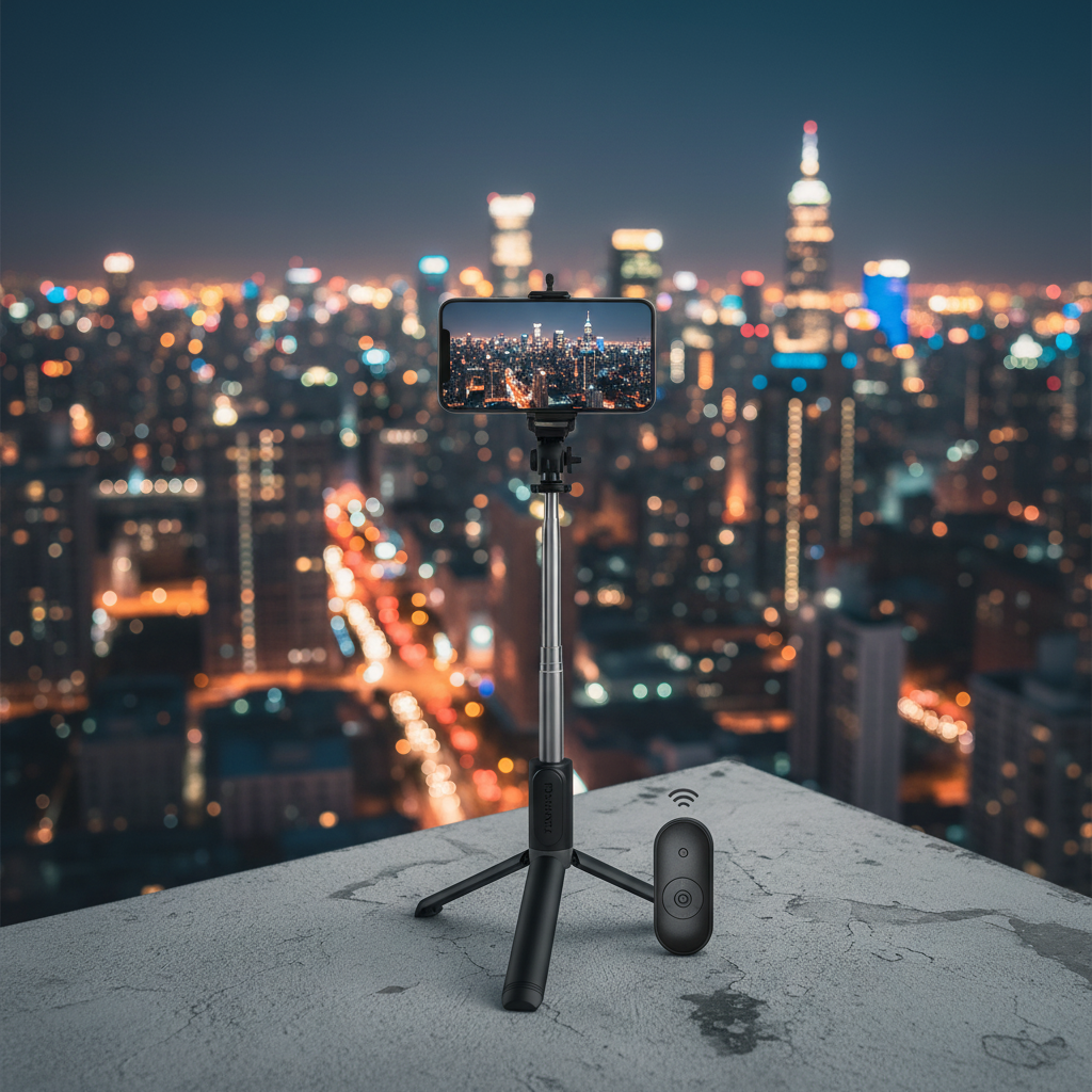 Palo de selfie con trípode Bluetooth en azotea con skyline nocturno