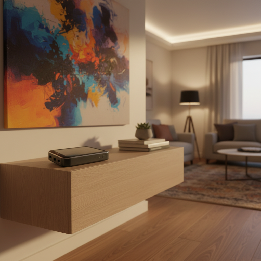 Cámara WiFi PTZ 360° en salón moderno vigilando el hogar