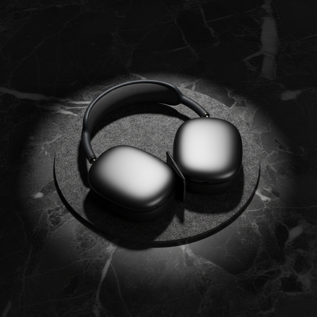 Soporte de cuero para AirPods Max sobre mármol oscuro con spotlight