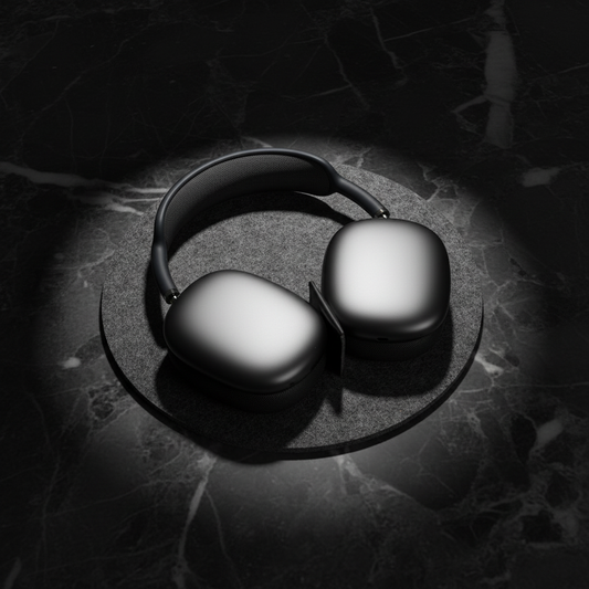 Soporte de cuero para AirPods Max sobre mármol oscuro con spotlight