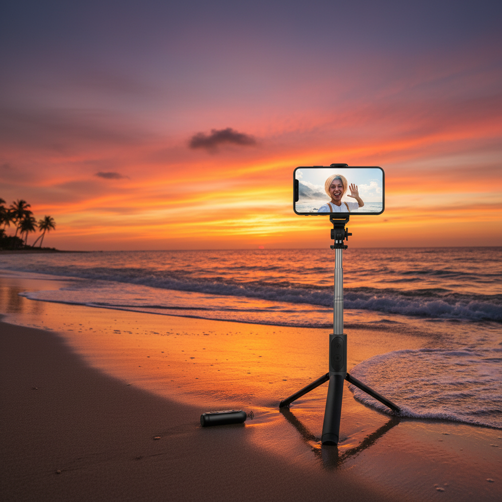 Palo de selfie con trípode Bluetooth en playa al atardecer
