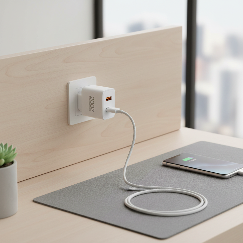 Cargador rápido 20W USB-C enchufado cargando smartphone