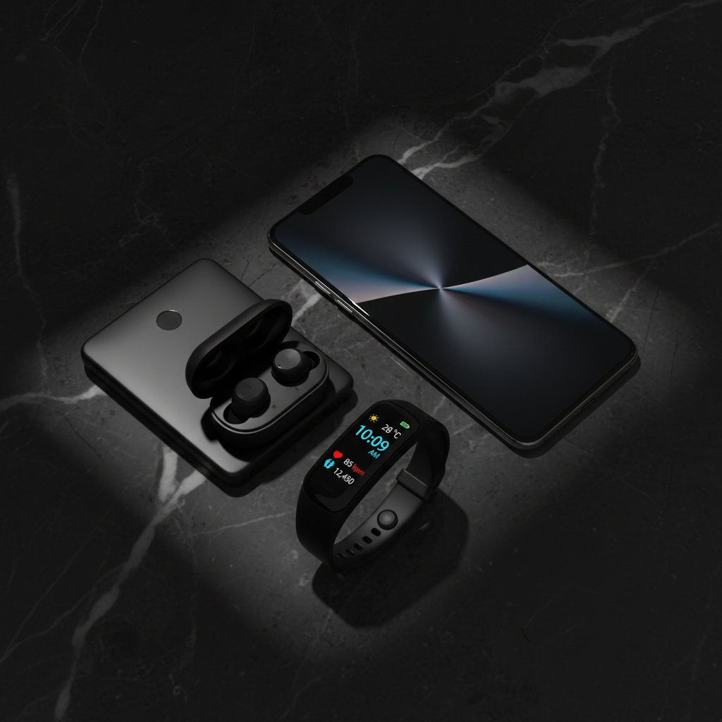 Smartwatch C1 Plus flat lay con smartphone y auriculares