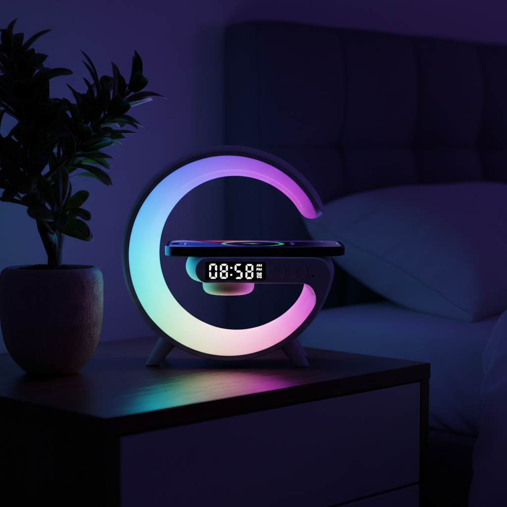 Cargador inalámbrico con luz RGB azul y morado en dormitorio moderno