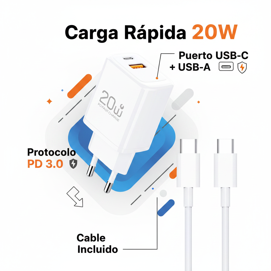 Cargador rápido 20W USB-C infografía características en español