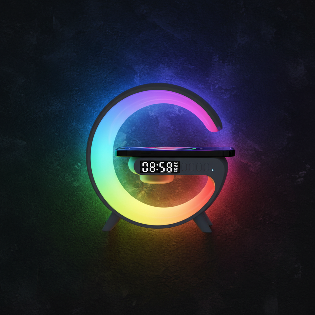 Cargador inalámbrico con luz RGB multicolor flat lay