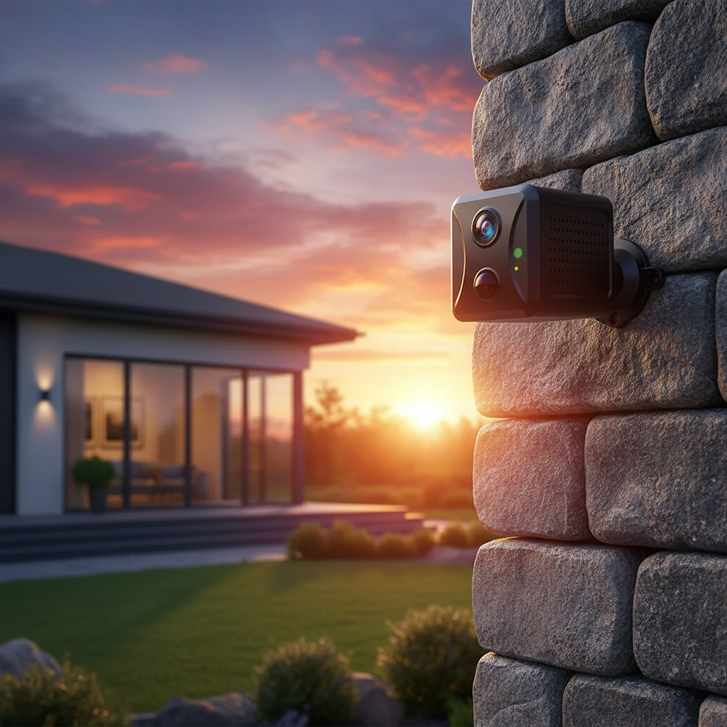 Mini cámara 4G WiFi vigilando exterior de casa al atardecer