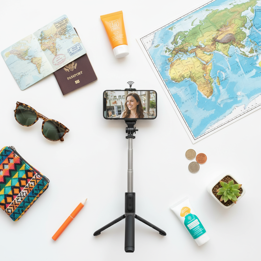 Palo de selfie con trípode Bluetooth flat lay con accesorios de viaje