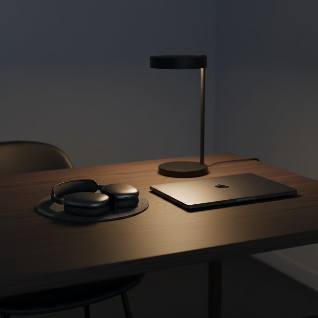 Soporte de cuero para AirPods Max en escritorio premium con MacBook