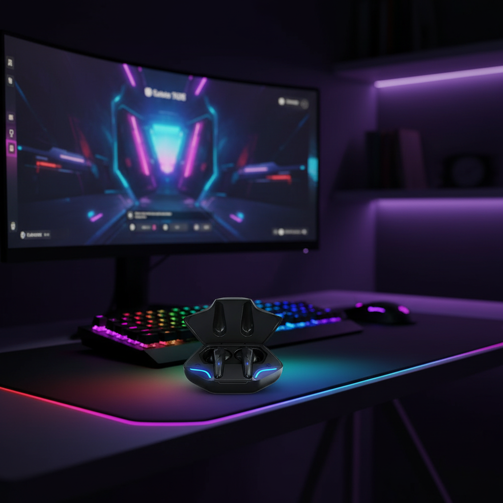 Auriculares gaming G11 en setup gaming con luces RGB morado y azul